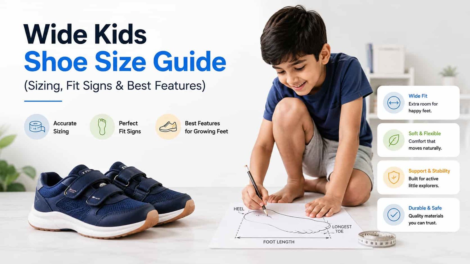Wide Kids Shoe Size Guide showing sizing, fit signs and key shoe features