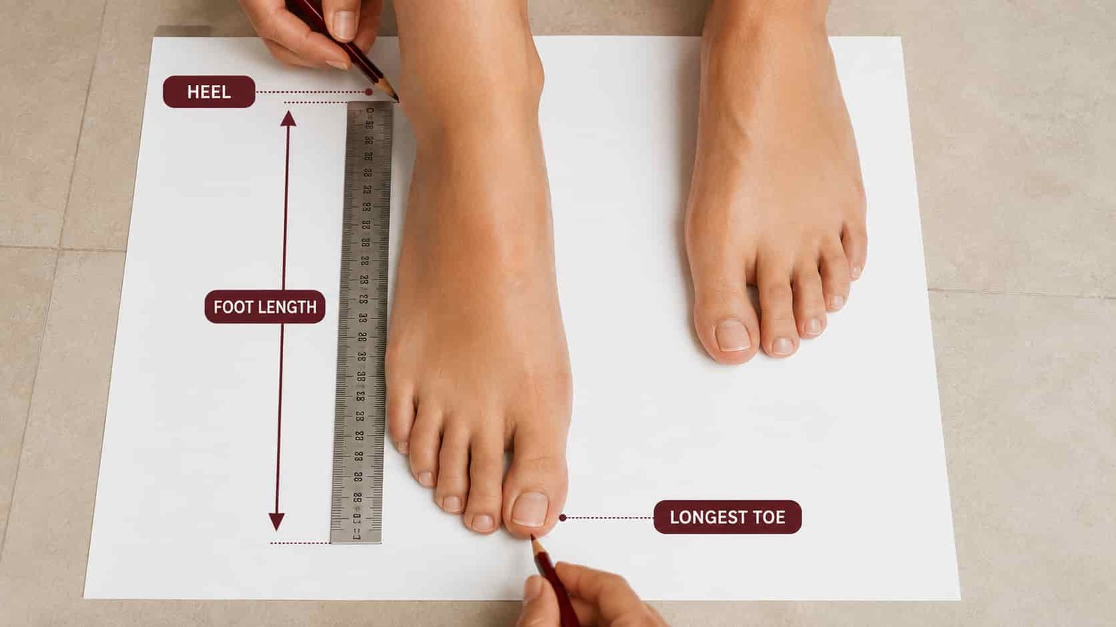 Women’s foot length measurement guide showing how to measure feet in centimeters