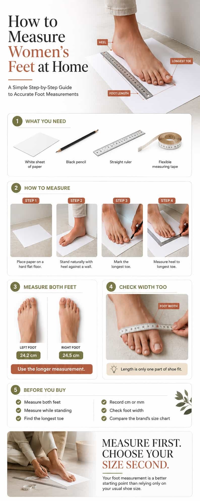 Women's foot measurement setup with paper pencil and ruler