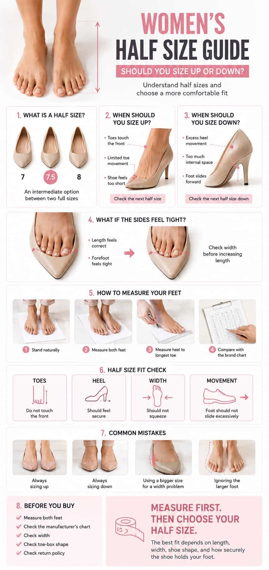 Comparison of women's full and half shoe sizes