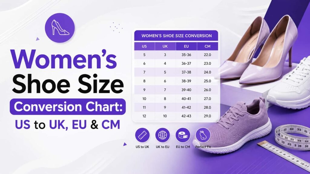 Women’s Shoe Size Conversion Chart showing US, UK, EU and CM sizes