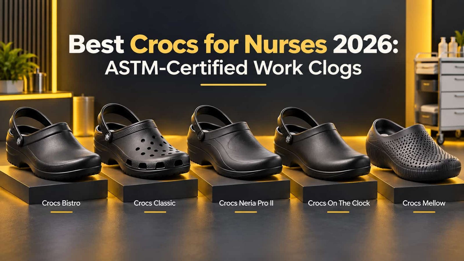 Comparison lineup of 5 Crocs nursing clog models