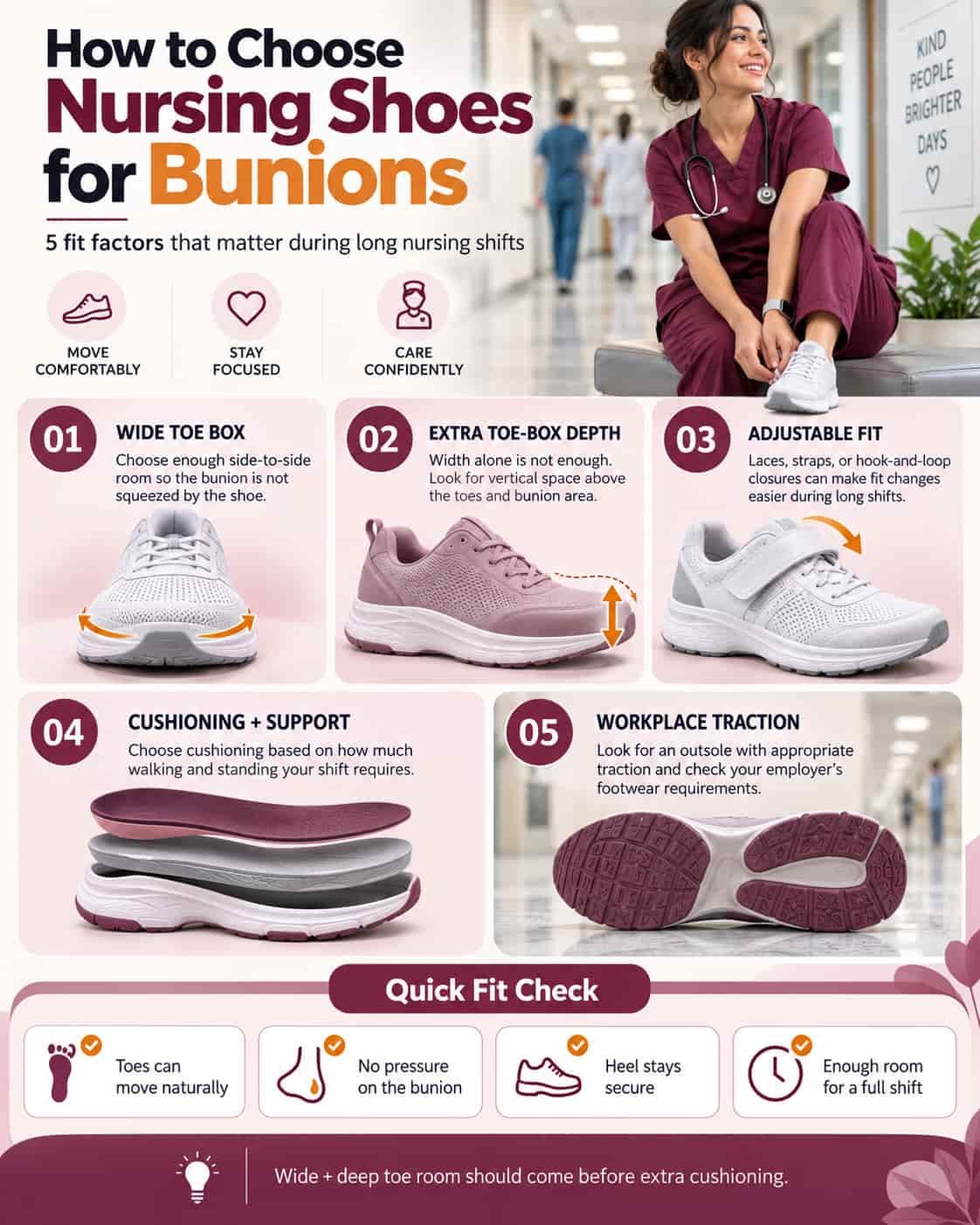 How to choose nursing shoes for bunions with wide toe box and adjustable fit