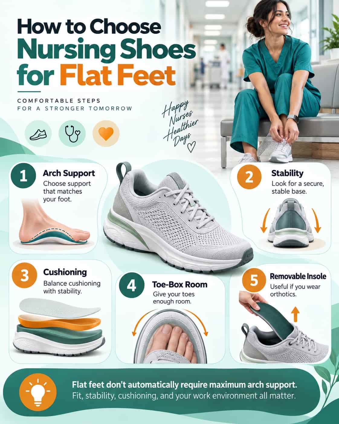 How to choose nursing shoes for flat feet with arch support stability and cushioning