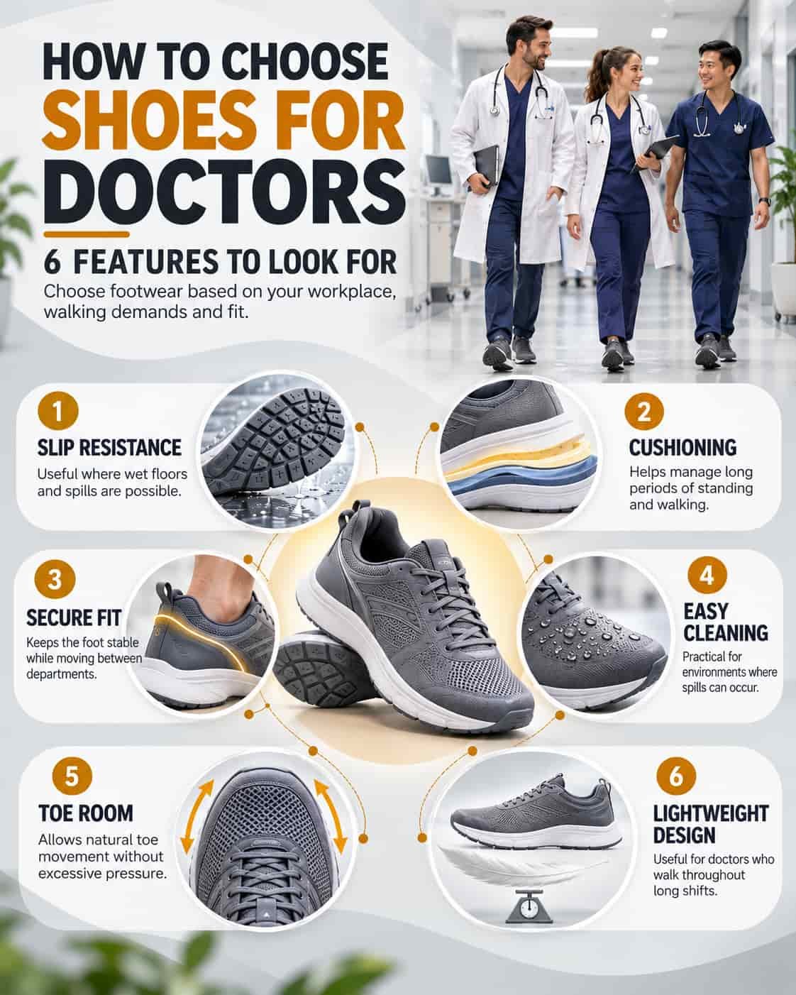 How to choose shoes for doctors with slip resistance, cushioning, secure fit, easy cleaning, toe room and lightweight design