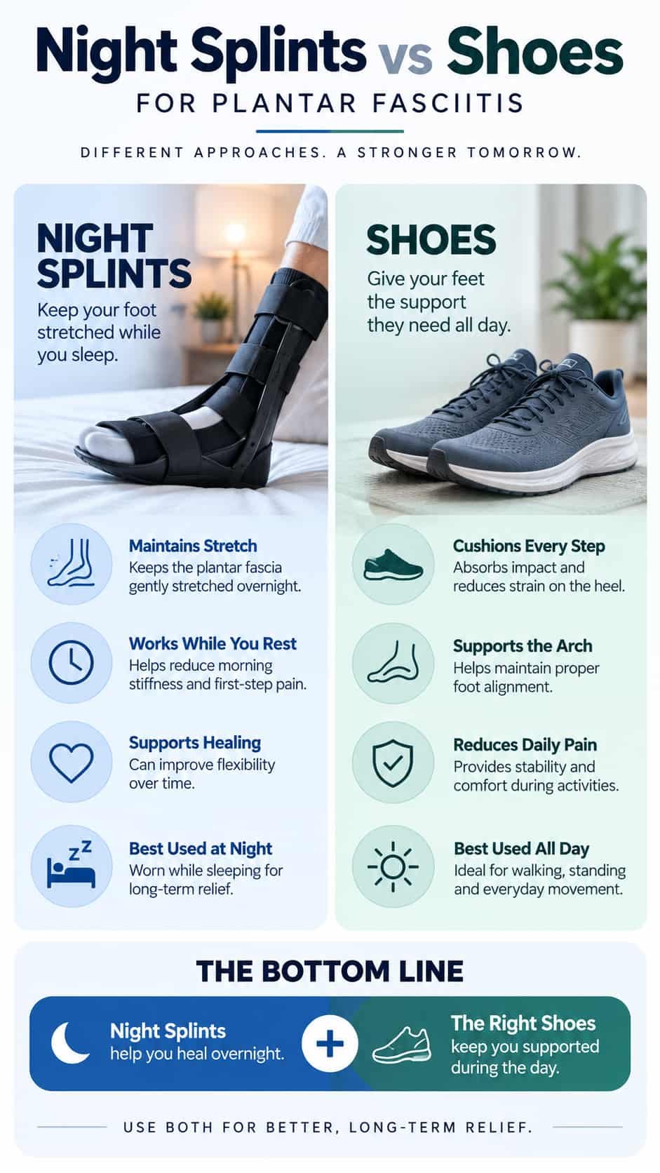 Night splints vs supportive shoes for plantar fasciitis infographic
