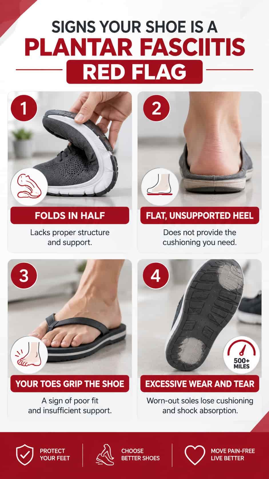 infographic showing signs a shoe is bad for plantar fasciitis