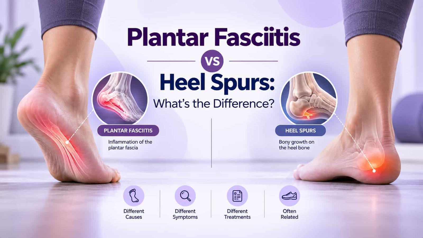 Plantar fasciitis vs heel spurs comparison showing heel pain differences