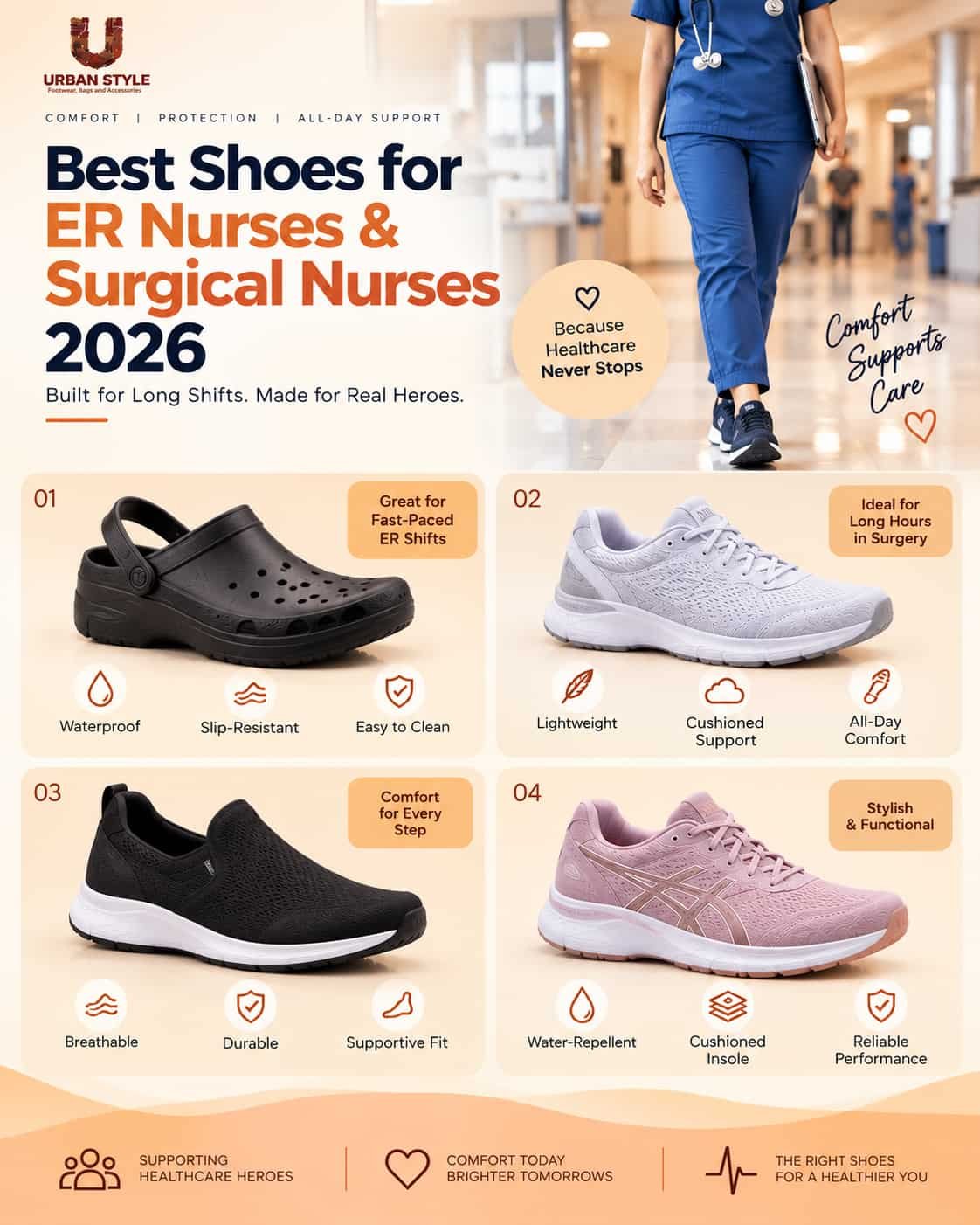 Nursing footwear comparison showing work shoes and clogs for emergency room and surgical nursing environments.