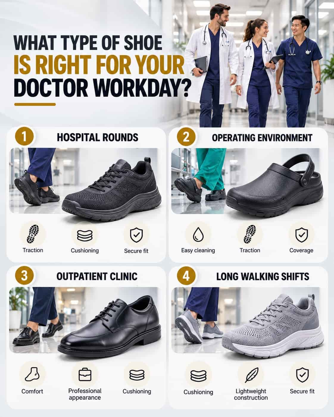 Choosing the right shoes for doctors for hospital rounds, operating environments, outpatient clinics and long walking shifts