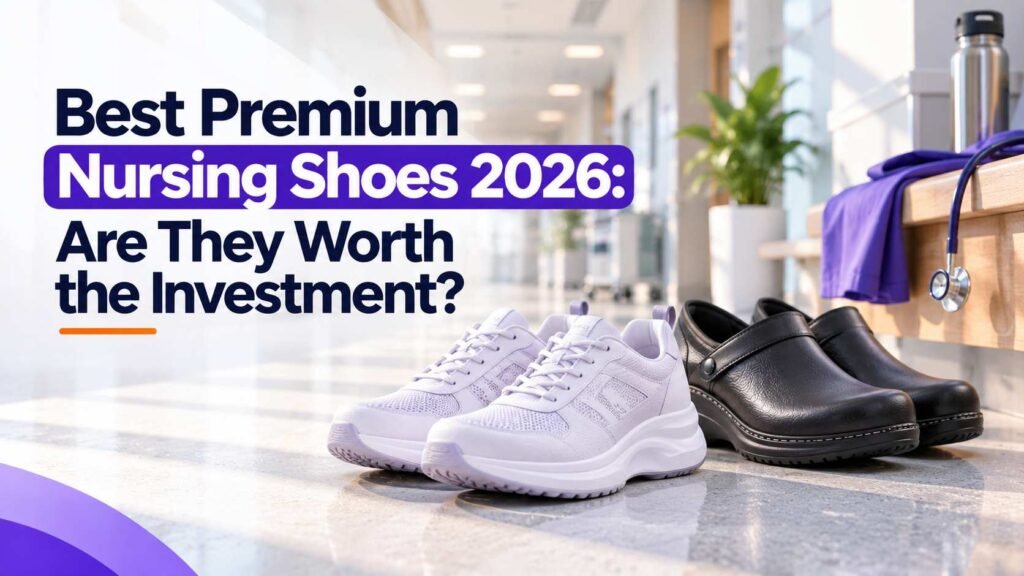 Premium leather and rubber work clogs and sneakers arranged on a clean hospital floor