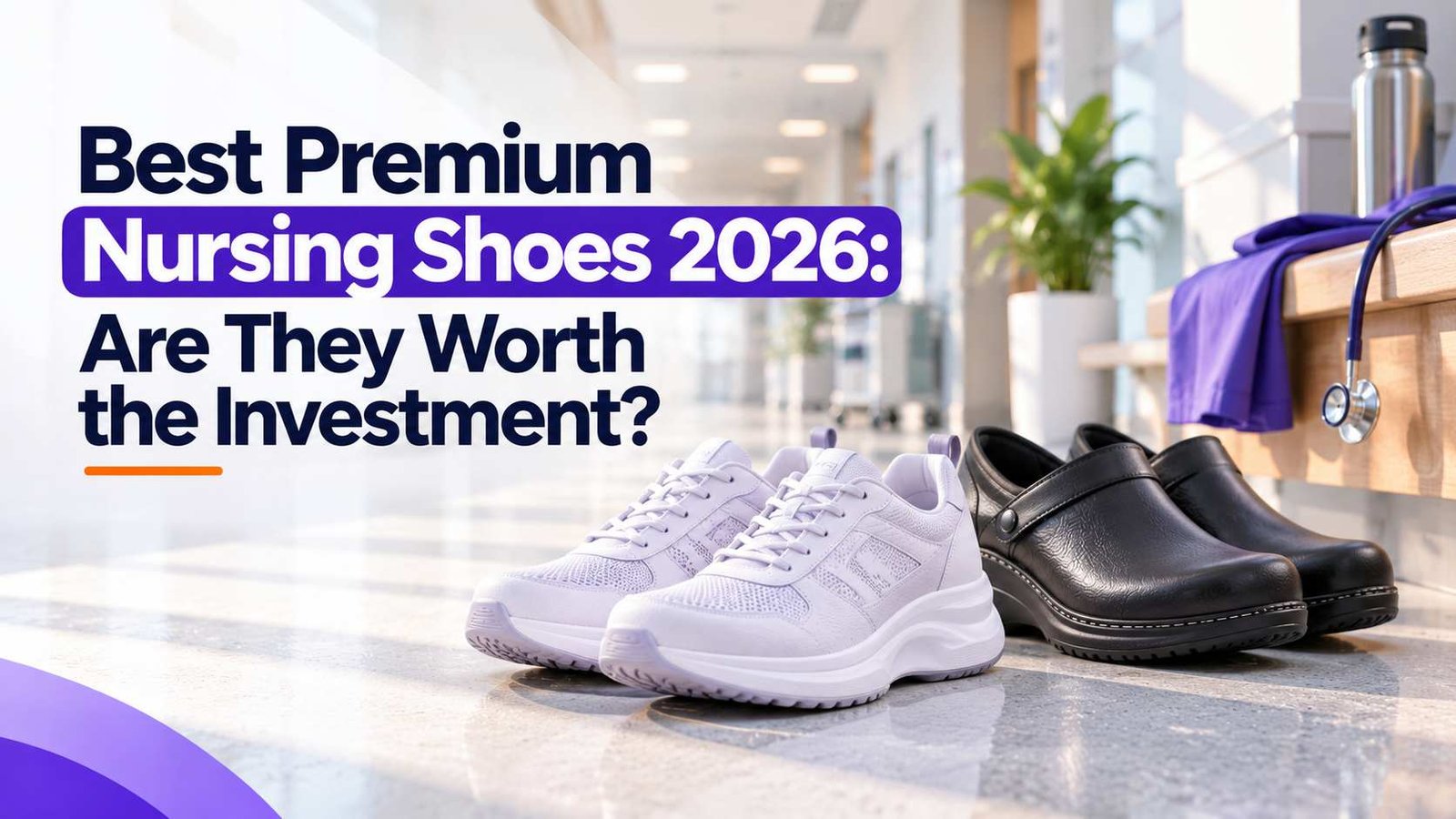 Premium leather and rubber work clogs and sneakers arranged on a clean hospital floor