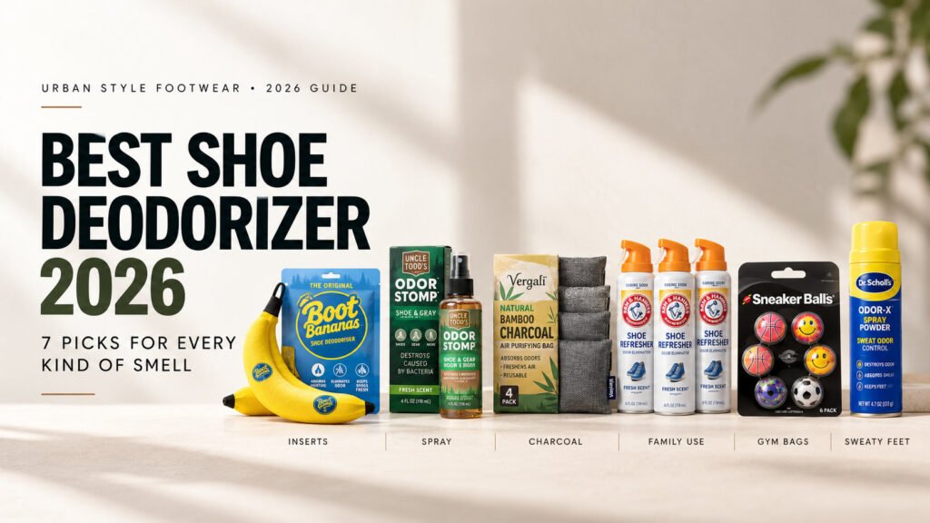 Best shoe deodorizers of 2026, including Boot Bananas, Uncle Todd's Odor Stomp, Vergali charcoal bags, Arm & Hammer Shoe Refresher, Sof Sole Sneaker Balls, and Dr. Scholl's Odor-X Spray Powder.