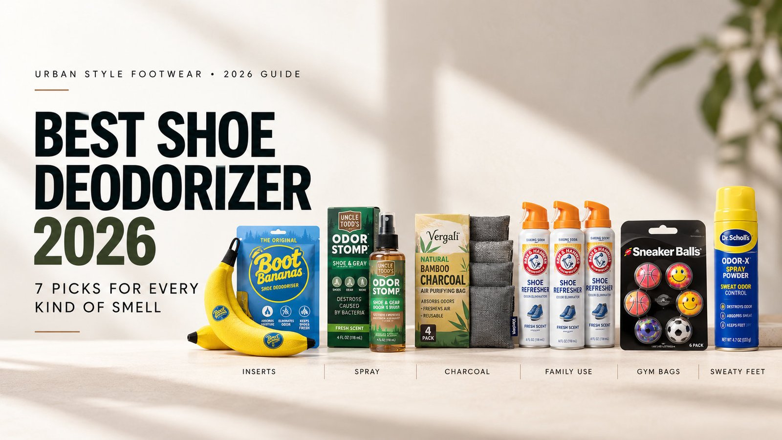 Best shoe deodorizers of 2026, including Boot Bananas, Uncle Todd's Odor Stomp, Vergali charcoal bags, Arm & Hammer Shoe Refresher, Sof Sole Sneaker Balls, and Dr. Scholl's Odor-X Spray Powder.