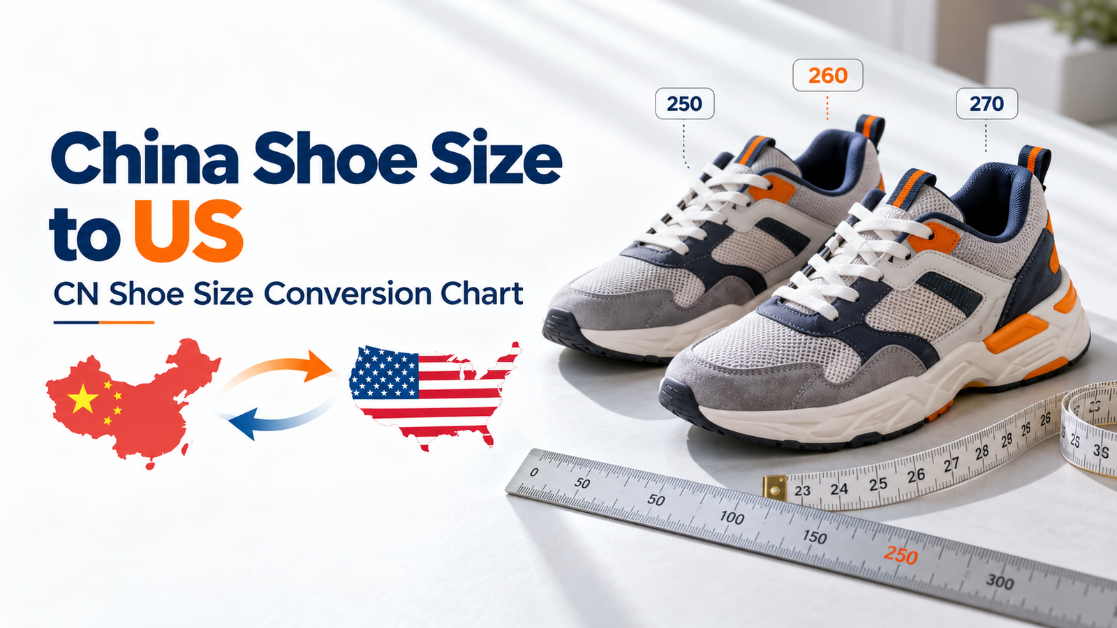 China shoe size to US conversion chart showing CN sizing next to US men's and women's sizes