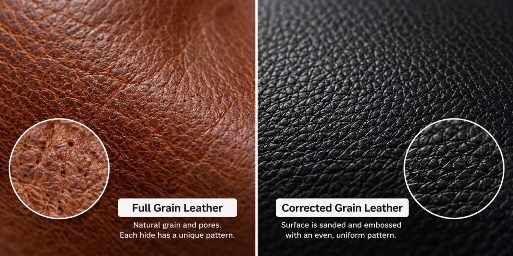 Full Grain vs Corrected Leather Textures Close-up of full grain leather with natural pores next to corrected grain leather with an even embossed pattern