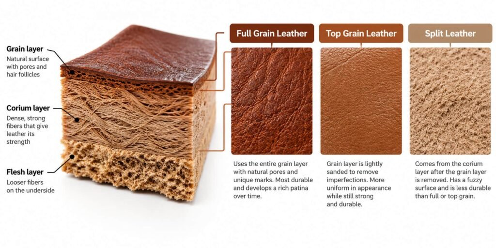 Leather Grades and Hide Layers Illustrated Diagram of a leather hide cross-section showing where full grain, top grain and split leather come from