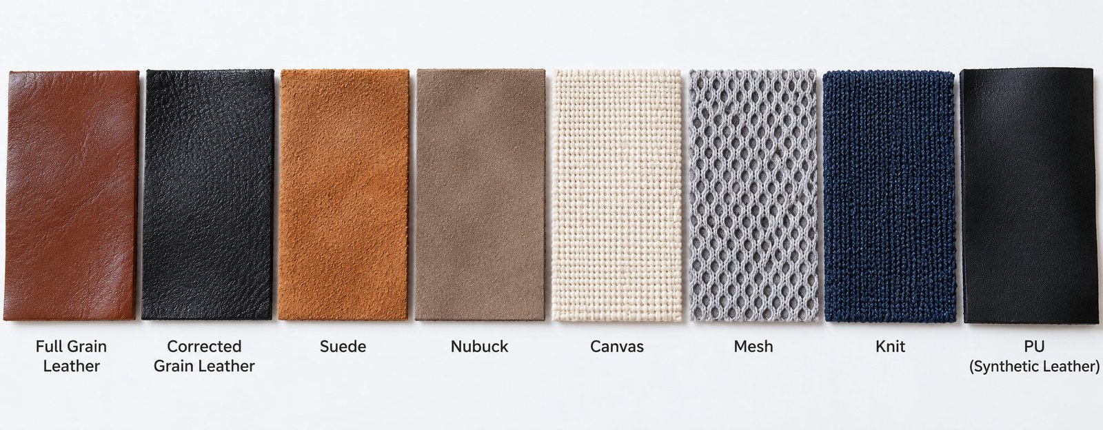 Eight common shoe upper materials photographed side by side for comparison: full grain leather, corrected grain leather, suede, nubuck, canvas, mesh, knit and PU synthetic leather
