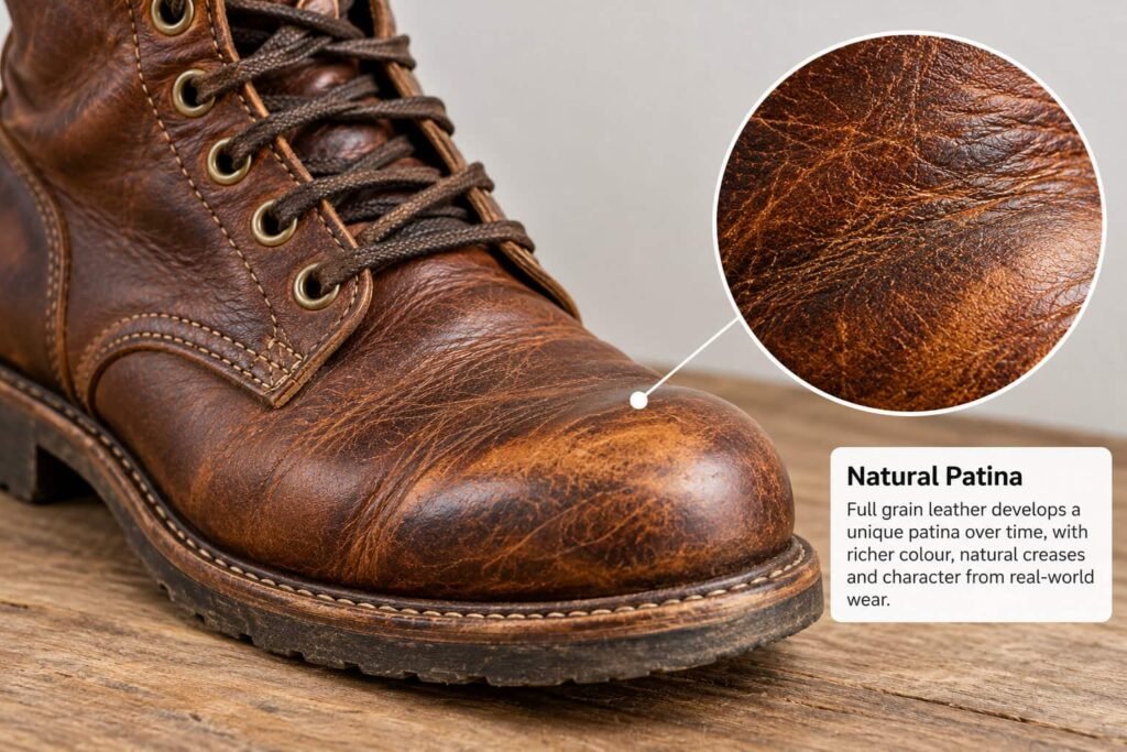 Natural Patina Leather Boot Study Full grain leather boot with a natural patina developed from years of wear