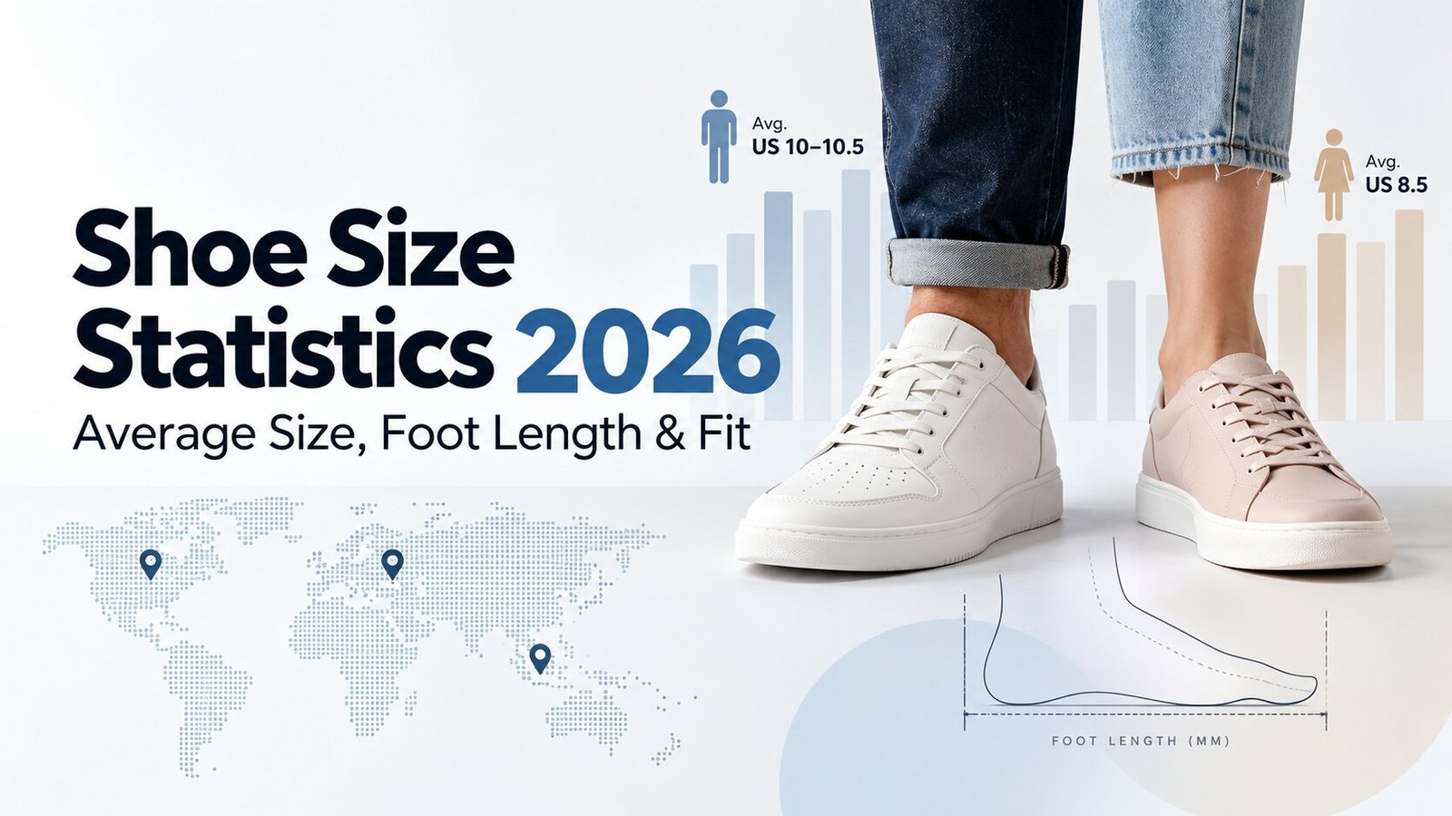 Sourced shoe size statistics: average size, foot length and fit data from 1.2M+ foot scans. Free dataset, charts and 15 citable stats.