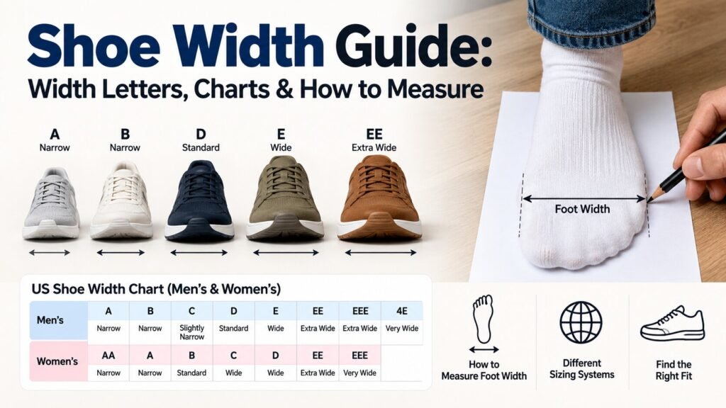 Shoe Width Guide and Measurement Chart Learn what shoe width letters like B, D, EE and 4E mean, how shoe widths differ by brand, and how to measure your foot width for a better fit.