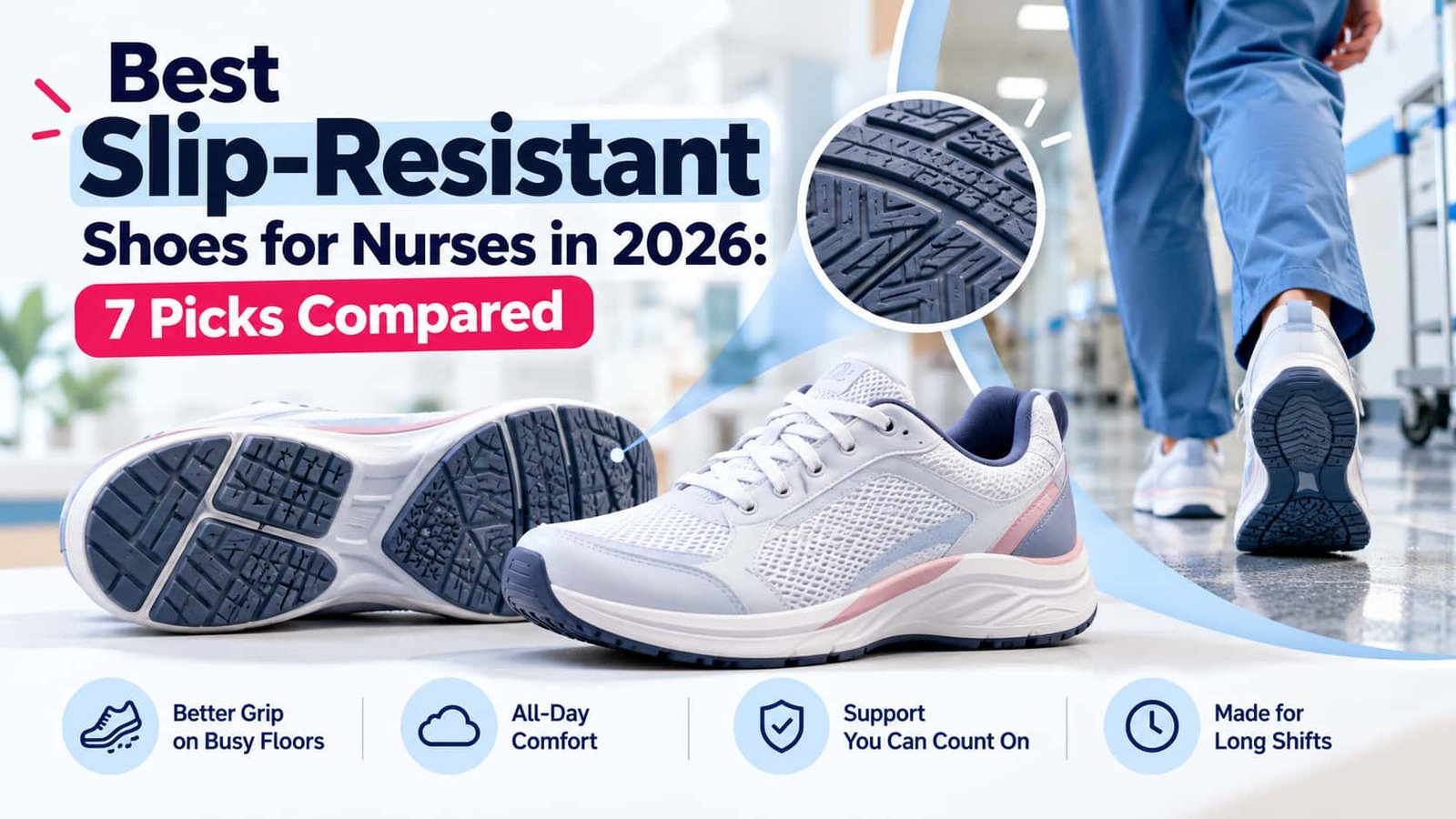 Black slip-resistant nursing clog and work sneaker on a wet-look hospital corridor floor
