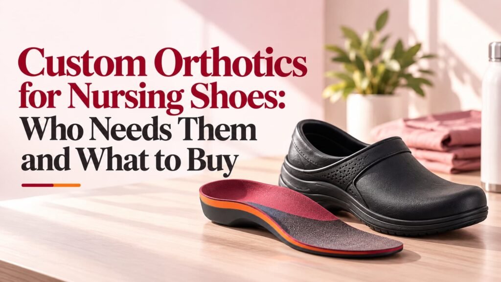 Contoured orthotic insert beside a black nursing clog on a clean hospital floor