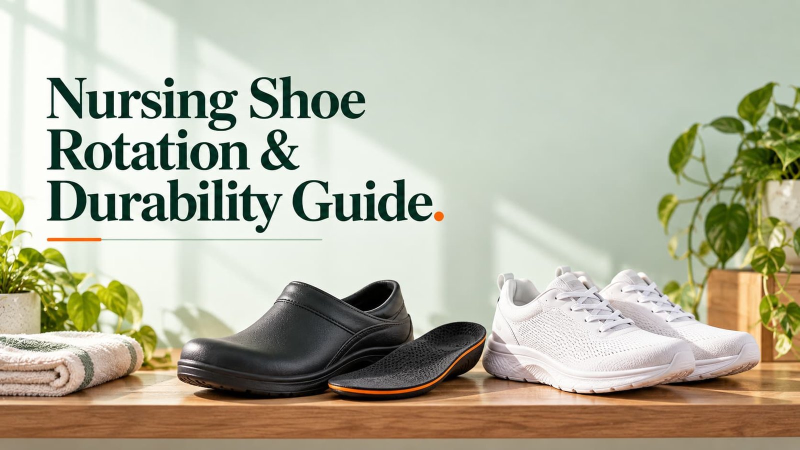 Two pairs of nursing shoes side by side on a clean shelf, one airing out