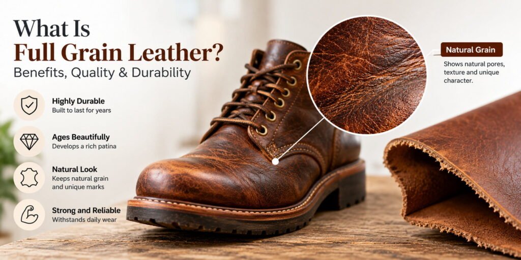 Full grain leather boot showing natural grain texture, durability, and patina.
