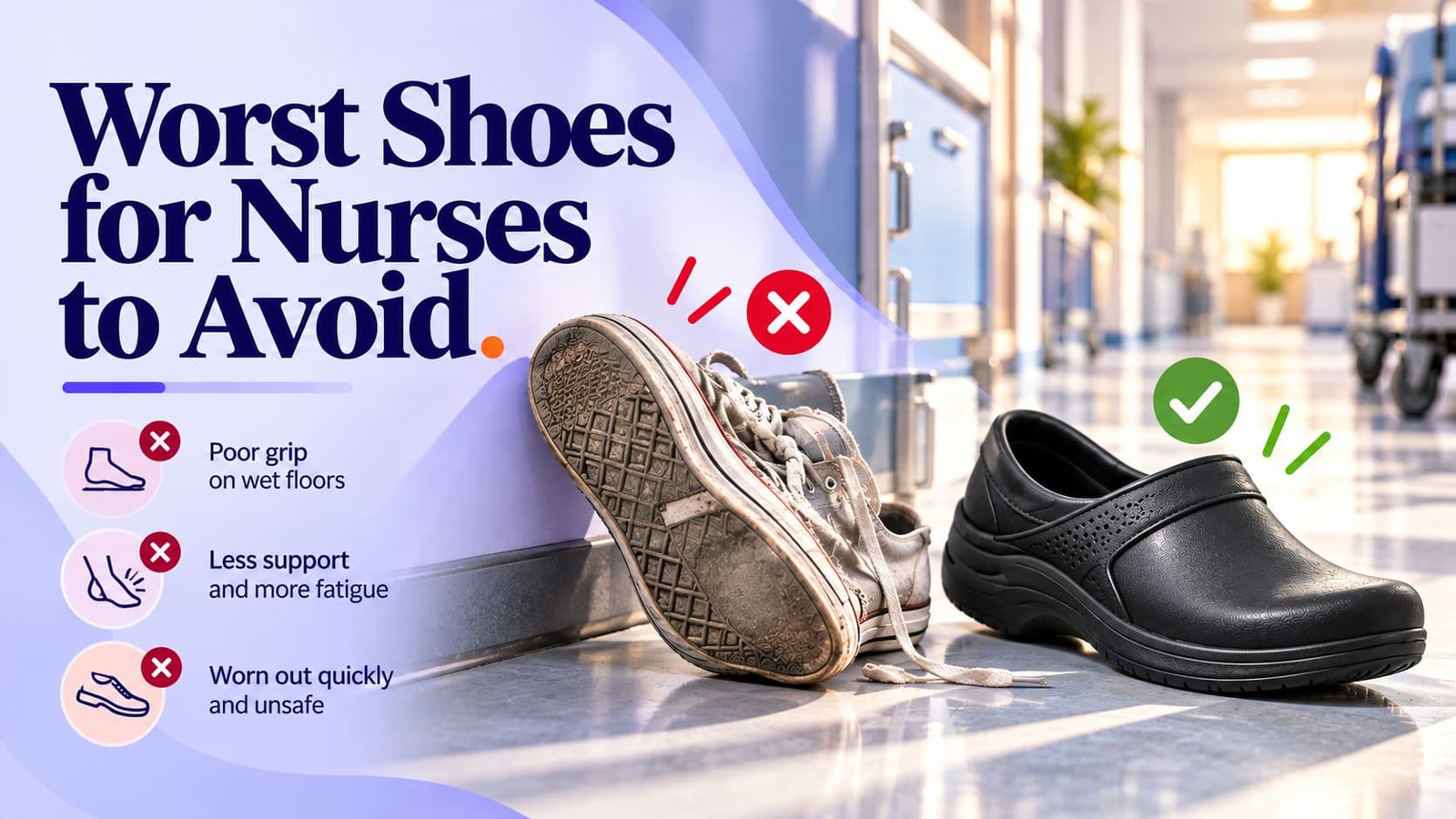 Worn, thin-soled sneaker next to a sturdy closed nursing clog on a hospital floor